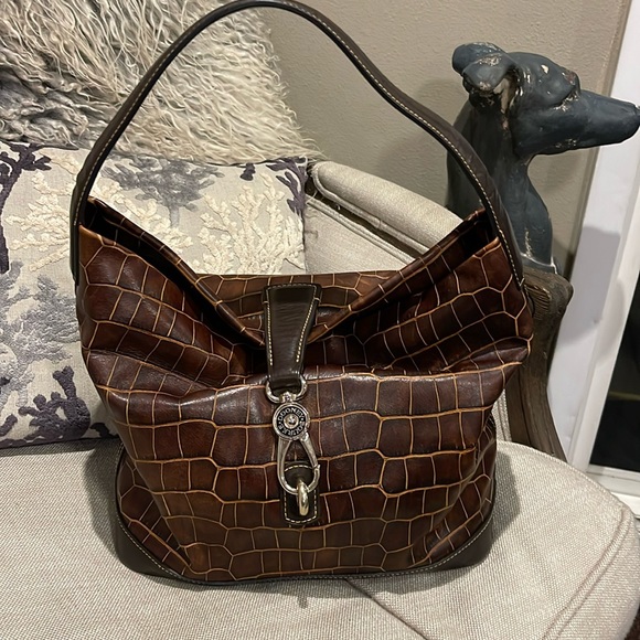 DOONEY & BOURKE Florentine Logo Lock Brown Croc Embossed Leather Bucket Bag Tote - Picture 1 of 13